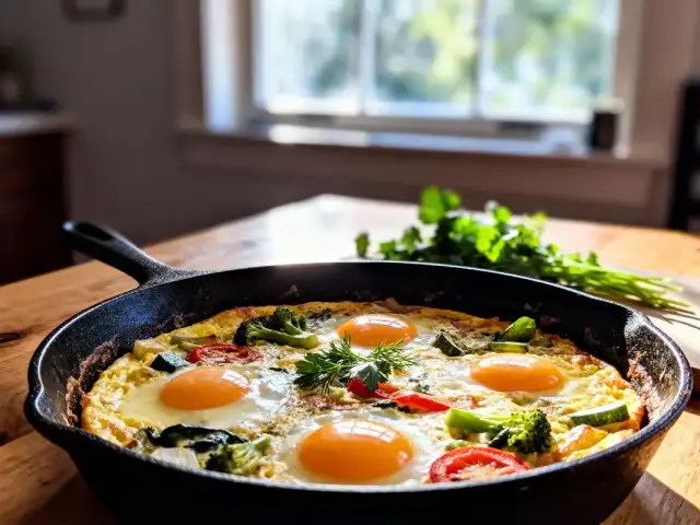 Omelette aux légumes et œufs dans une poêle en fonte, sur une table en bois, avec herbes fraîches.