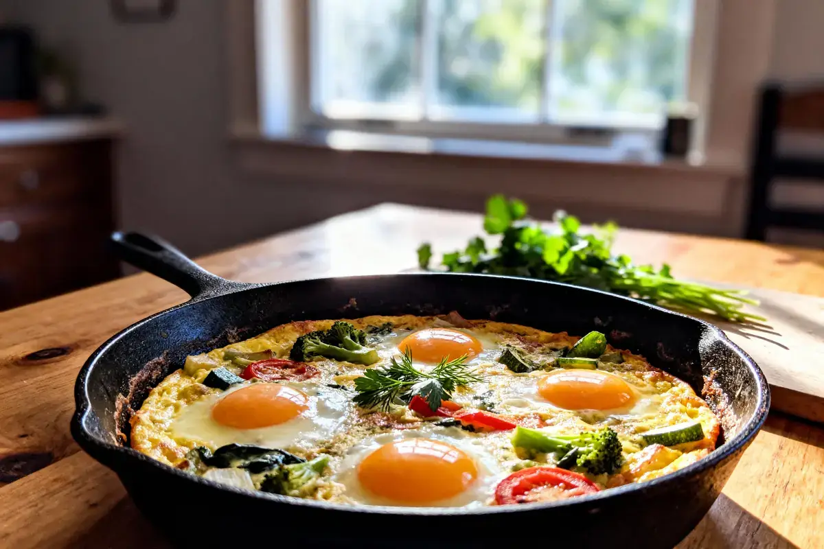 Omelette aux légumes et œufs dans une poêle en fonte, sur une table en bois, avec herbes fraîches.