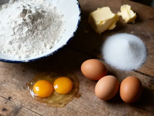 Ingrédients de pâtisserie sur table : farine, œufs, beurre, sucre.