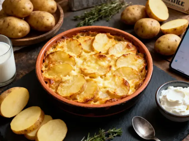 Gratin dauphinois dans un plat en céramique entouré de pommes de terre, lait, crème, cuillère et téléphone.
