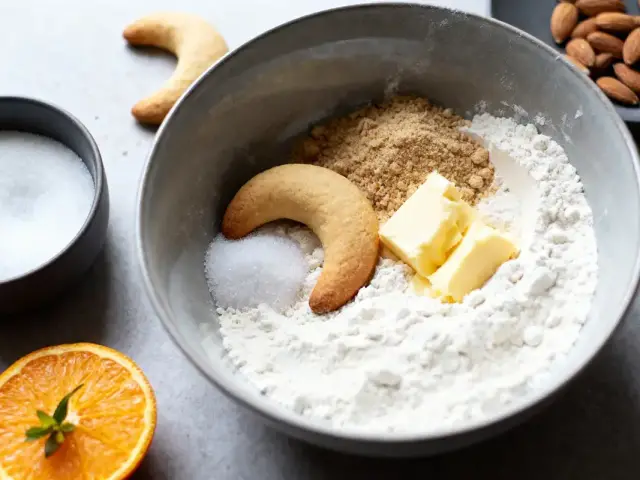 Bol avec farine, beurre, sucre, biscuits en croissant, amandes, sucre et demi-orange en arrière-plan.