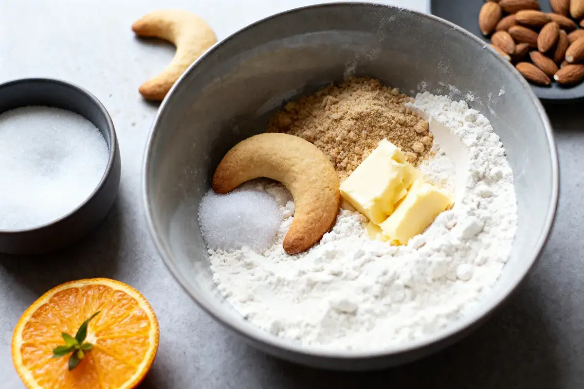 Bol avec farine, beurre, sucre, biscuits en croissant, amandes, sucre et demi-orange en arrière-plan.