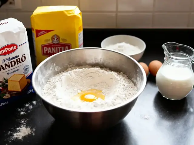 Bol avec farine et œuf, lait, farine, œufs sur table noire. Ingrédients pour pâte.