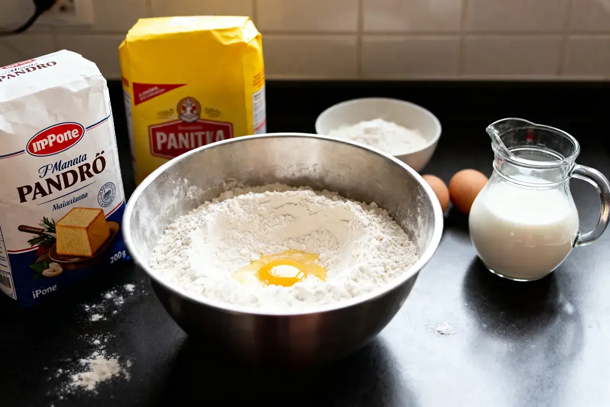 Bol avec farine et œuf, lait, farine, œufs sur table noire. Ingrédients pour pâte.