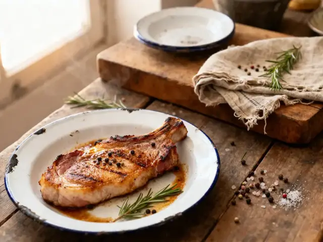 Assiette avec côte de porc grillée, romarin, poivre sur table en bois rustique, nappe de lin beige.