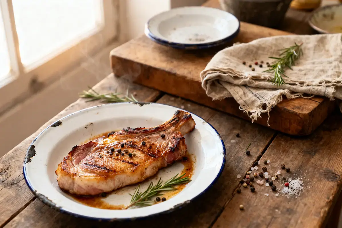 Assiette avec côte de porc grillée, romarin, poivre sur table en bois rustique, nappe de lin beige.