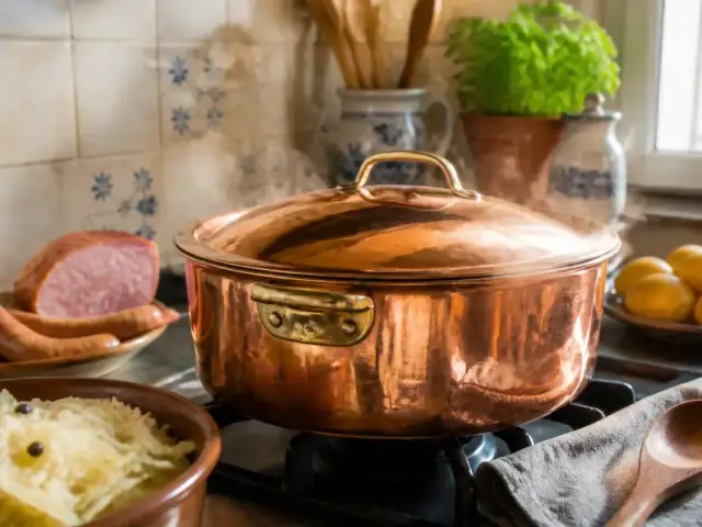 Casserole en cuivre sur gazinière avec choucroute, saucisses et herbes en arrière-plan, style cuisine rustique.