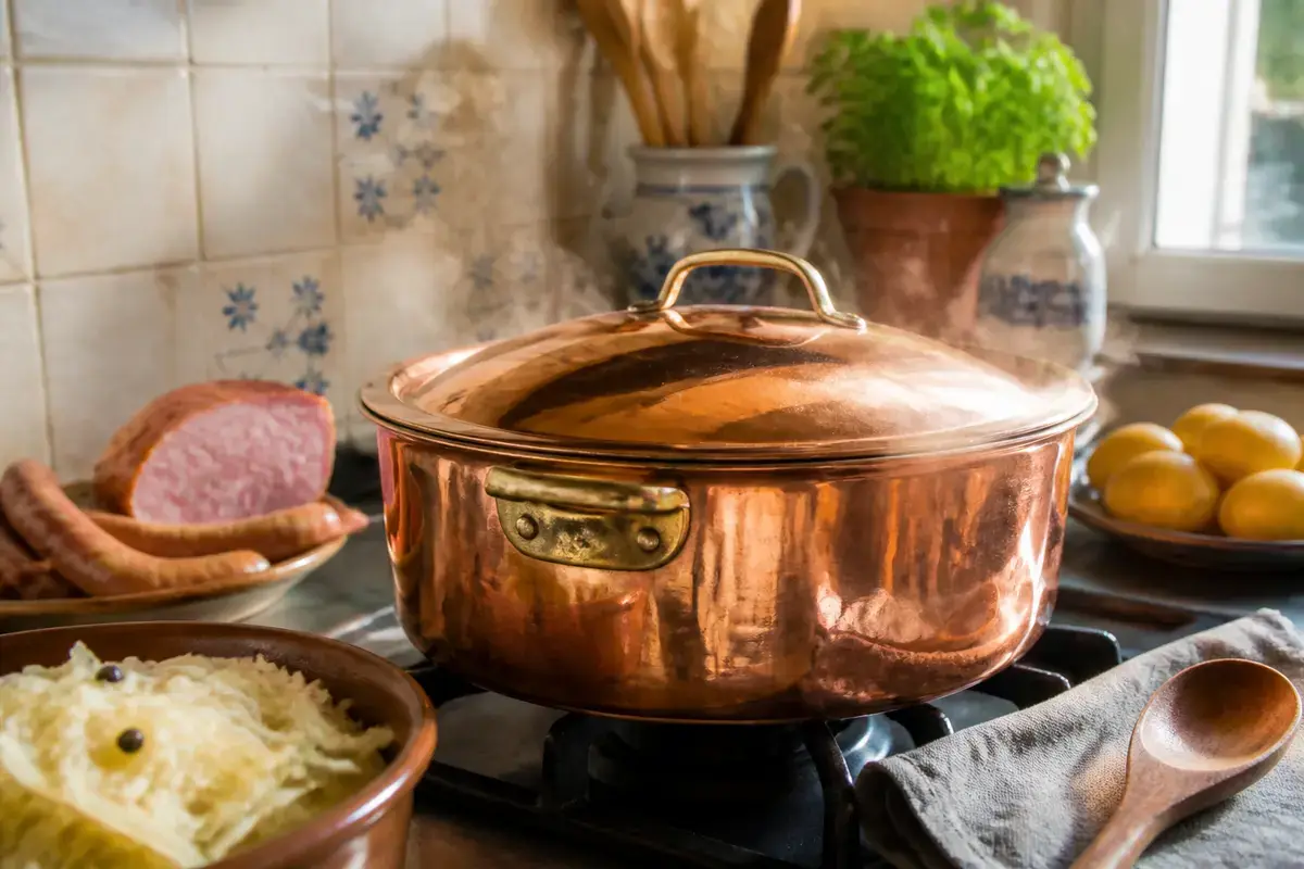 Casserole en cuivre sur gazinière avec choucroute, saucisses et herbes en arrière-plan, style cuisine rustique.