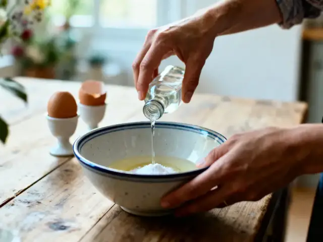 Personne versant liquide dans un bol avec des œufs, sur une table en bois. Environnement de cuisine.