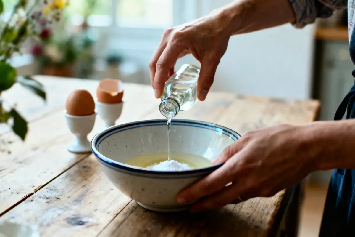 Personne versant liquide dans un bol avec des œufs, sur une table en bois. Environnement de cuisine.