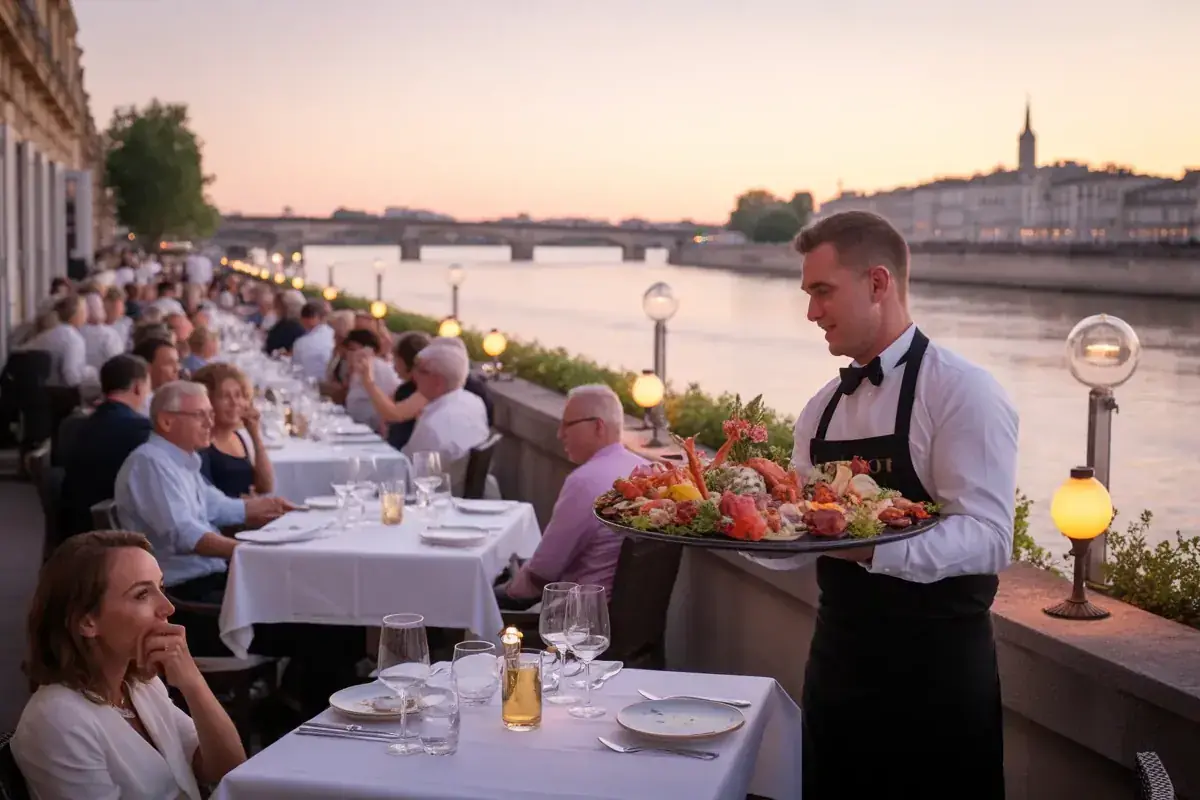Serveur apportant un plateau de fruits de mer à une table en terrasse au bord de l'eau, au crépuscule. Ambiance élégante et animée.