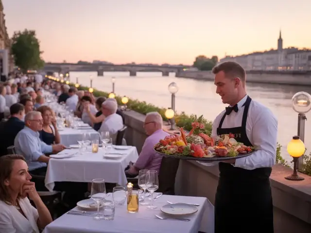 Serveur apportant un plateau de fruits de mer à une table en terrasse au bord de l'eau, au crépuscule. Ambiance élégante et animée.