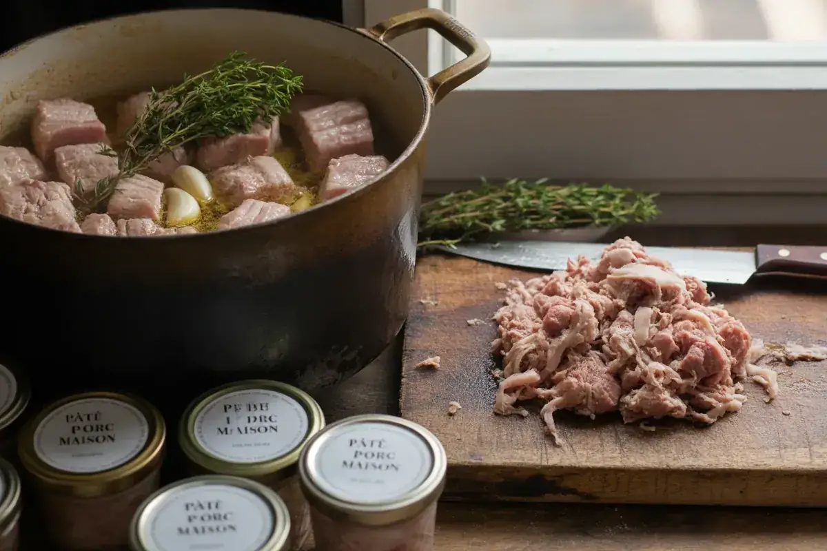 Viande de porc qui confit dans une cocotte, effilochée sur une planche, bocaux de rillettes