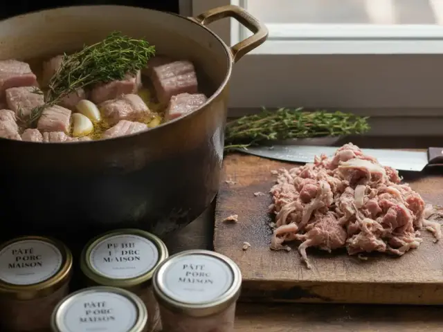 Viande de porc qui confit dans une cocotte, effilochée sur une planche, bocaux de rillettes