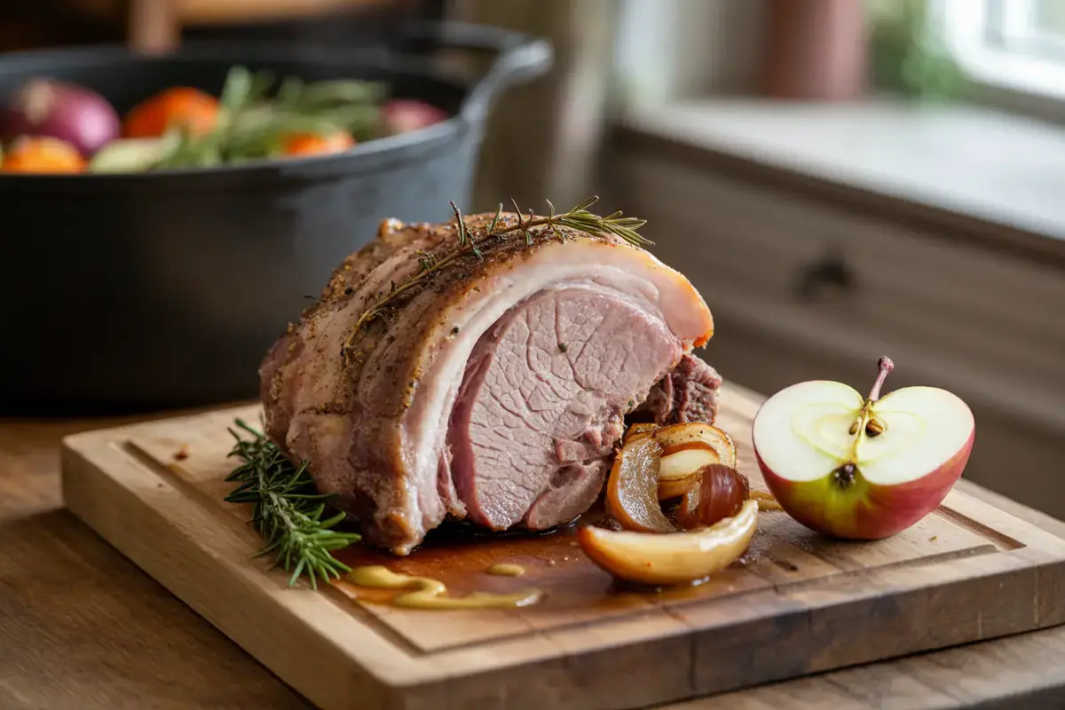 Rouelle de porc rôtie tranchée sur une planche, avec pomme coupée et romarin