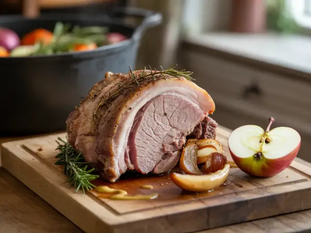 Rouelle de porc rôtie tranchée sur une planche, avec pomme coupée et romarin