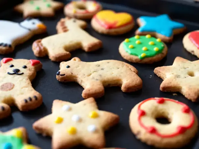 Biscuits de Noël en formes d'animaux, étoiles, cœurs, avec glaçage coloré, sur une plaque noire.