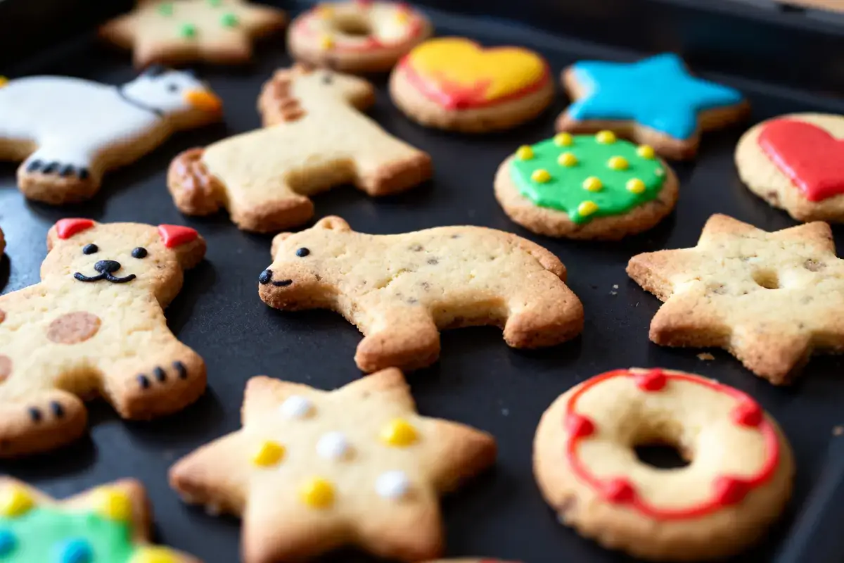 Biscuits de Noël en formes d'animaux, étoiles, cœurs, avec glaçage coloré, sur une plaque noire.