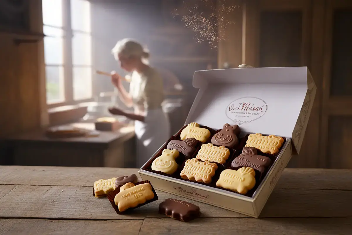 Une boîte de biscuits colorés sur une table en bois, avec une femme floue cuisinant en arrière-plan. Lumière douce.