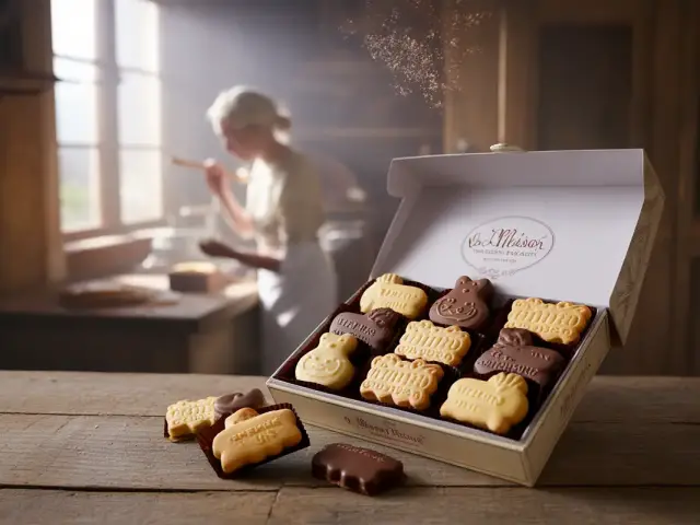 Une boîte de biscuits colorés sur une table en bois, avec une femme floue cuisinant en arrière-plan. Lumière douce.