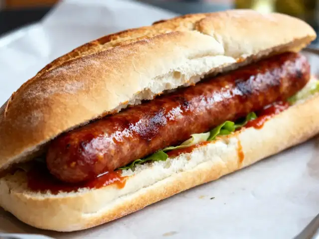 Pain baguette garni de saucisse grillée et salade pour un sandwich merguez savoureux