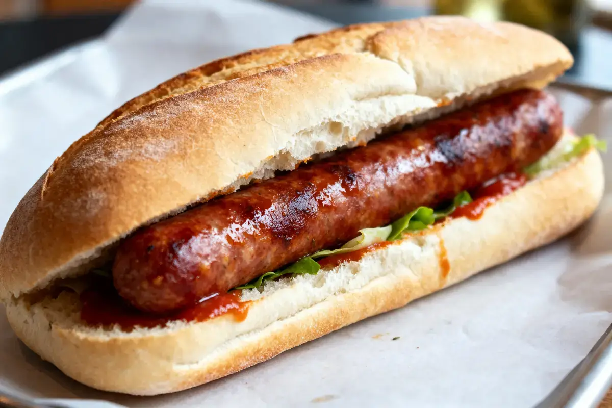 Pain baguette garni de saucisse grillée et salade pour un sandwich merguez savoureux
