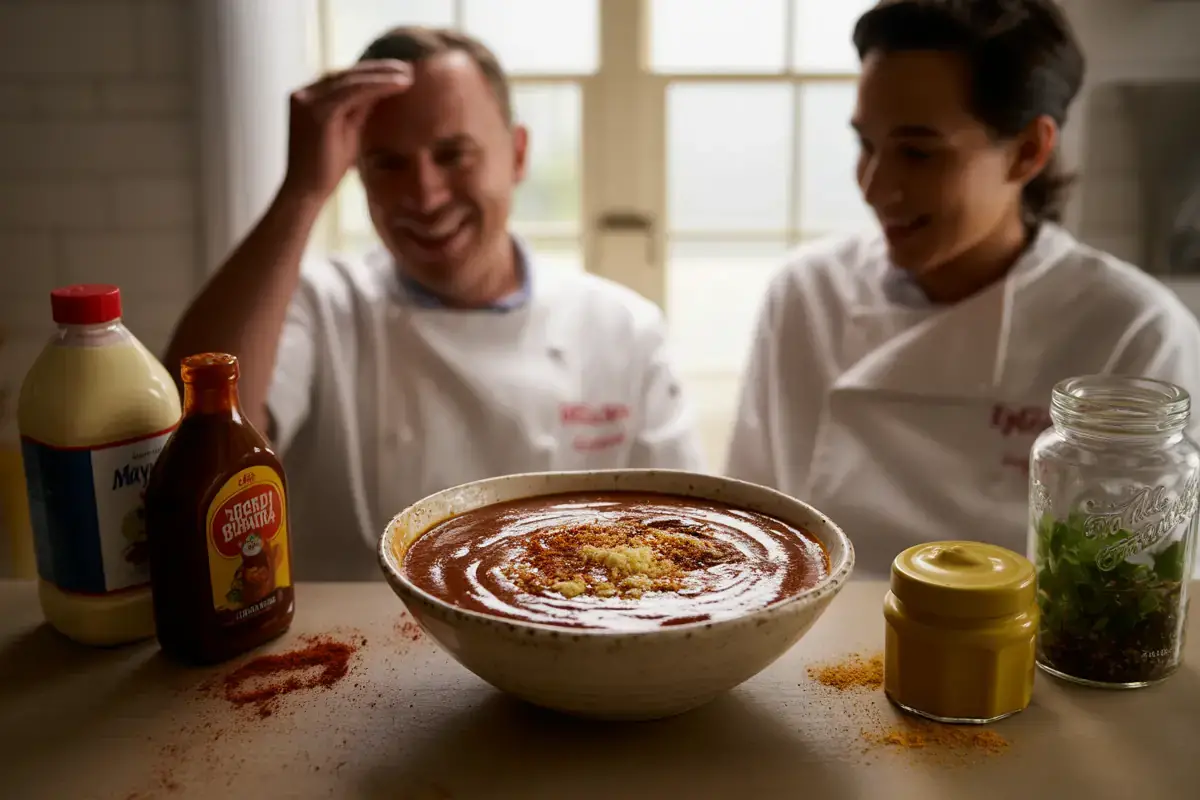 Bol de sauce entouré de flacons de condiments et d'un pot d'épices