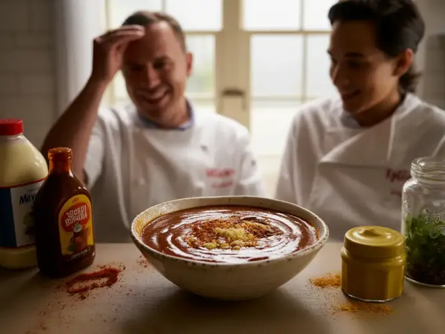 Bol de sauce entouré de flacons de condiments et d'un pot d'épices