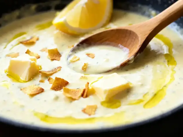 Cuillère dans sauce pour poisson crémeuse avec beurre, citron et éclats dorés