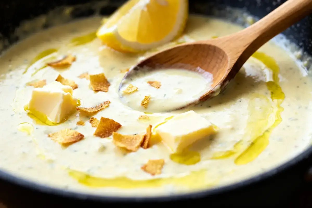 Cuillère dans sauce pour poisson crémeuse avec beurre, citron et éclats dorés