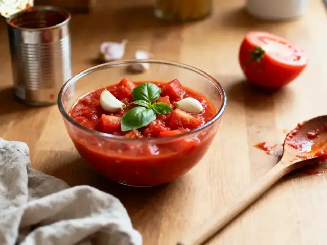 Bol de sauce tomate avec basilic et ail, cuillère en bois et tomate entière sur table en bois.