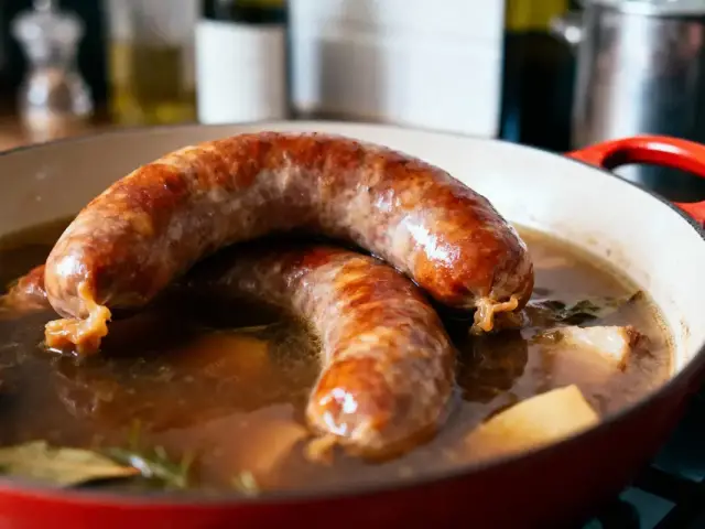 Saucisses grillées mijotant dans un bouillon aromatique, casserole rouge en cuisine, arrière-plan flou.