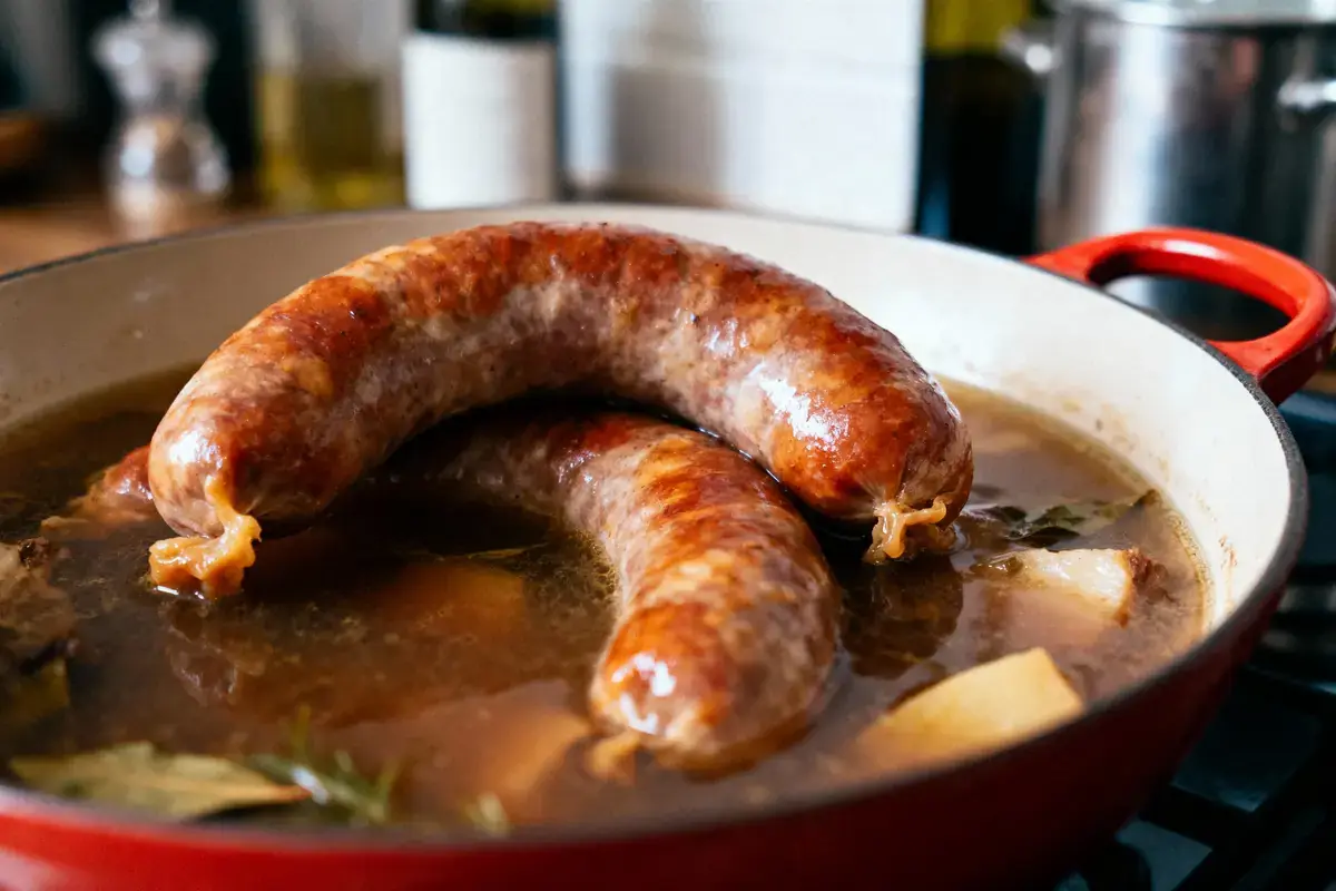 Saucisses grillées mijotant dans un bouillon aromatique, casserole rouge en cuisine, arrière-plan flou.