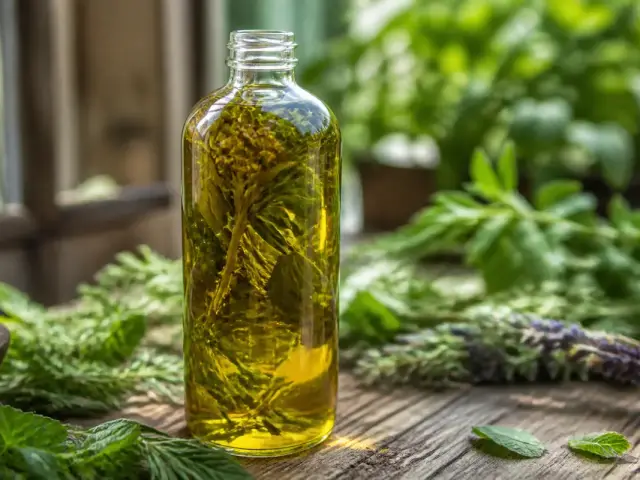 Bouteille d'huile infusée lentement avec des herbes naturelles sur slowinfusion.fr