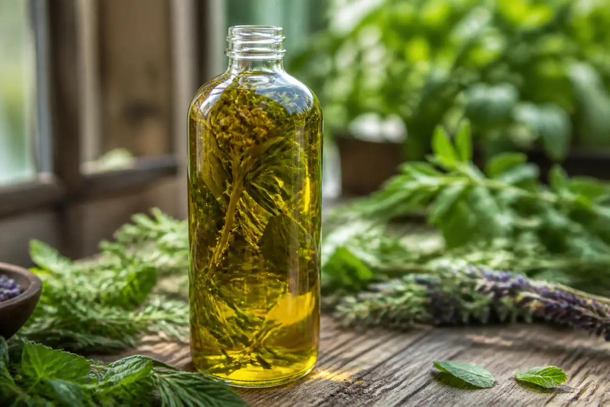 Bouteille d'huile infusée lentement avec des herbes naturelles sur slowinfusion.fr