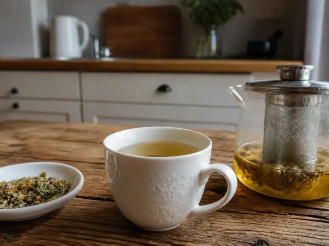 Tasse d'infusion et théière sur table en bois pour slowinfusion.fr