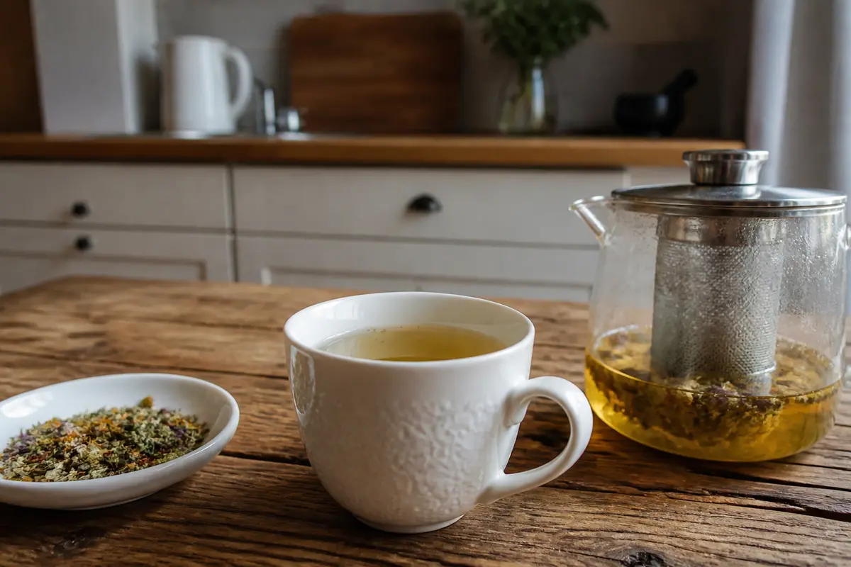Tasse d'infusion et théière sur table en bois pour slowinfusion.fr