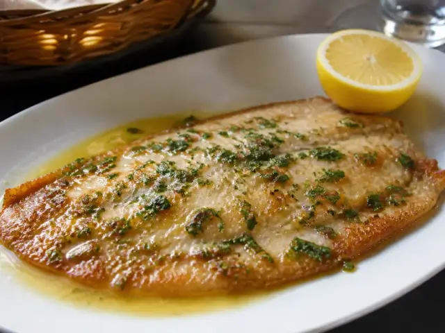 Sole meunière servie avec citron sur assiette blanche garnie de beurre persillé