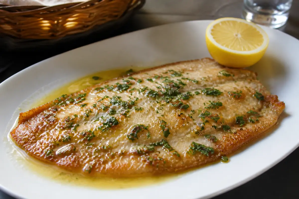 Sole meunière servie avec citron sur assiette blanche garnie de beurre persillé
