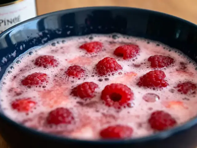 Bol bleu avec framboises dans un liquide pétillant rose mousseux, bouteille floue en arrière-plan.
