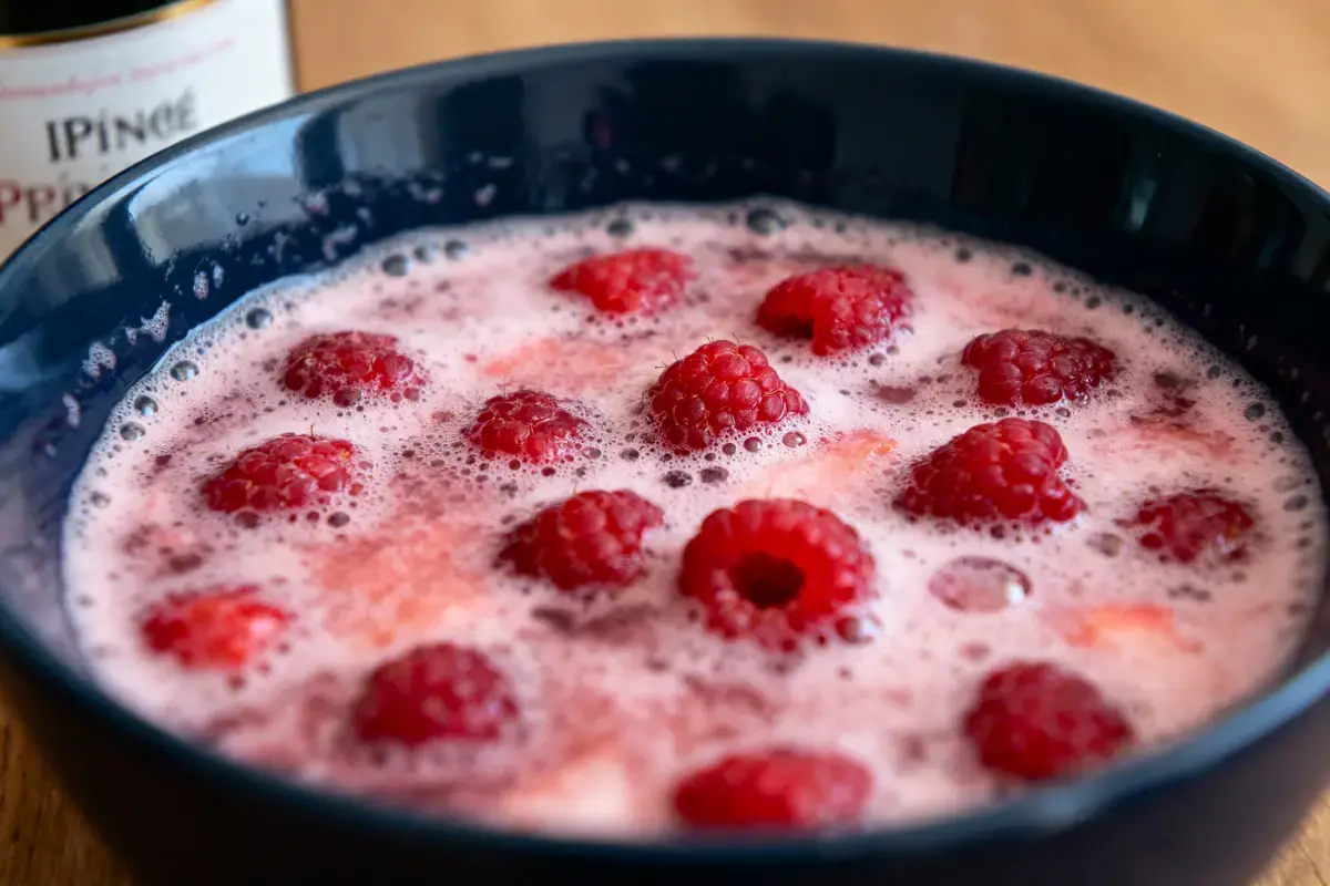Bol bleu avec framboises dans un liquide pétillant rose mousseux, bouteille floue en arrière-plan.