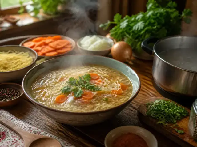 Bol de soupe fumante aux légumes avec ingrédients frais sur une table en bois.