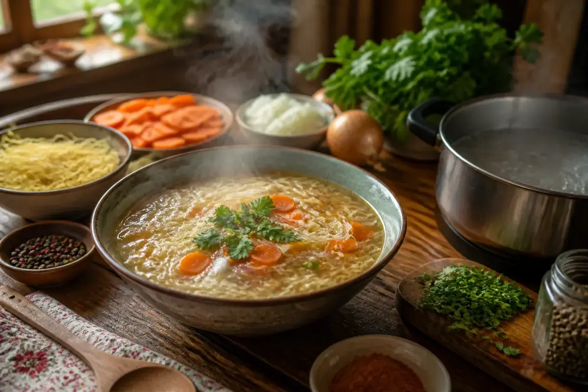 Bol de soupe fumante aux légumes avec ingrédients frais sur une table en bois.