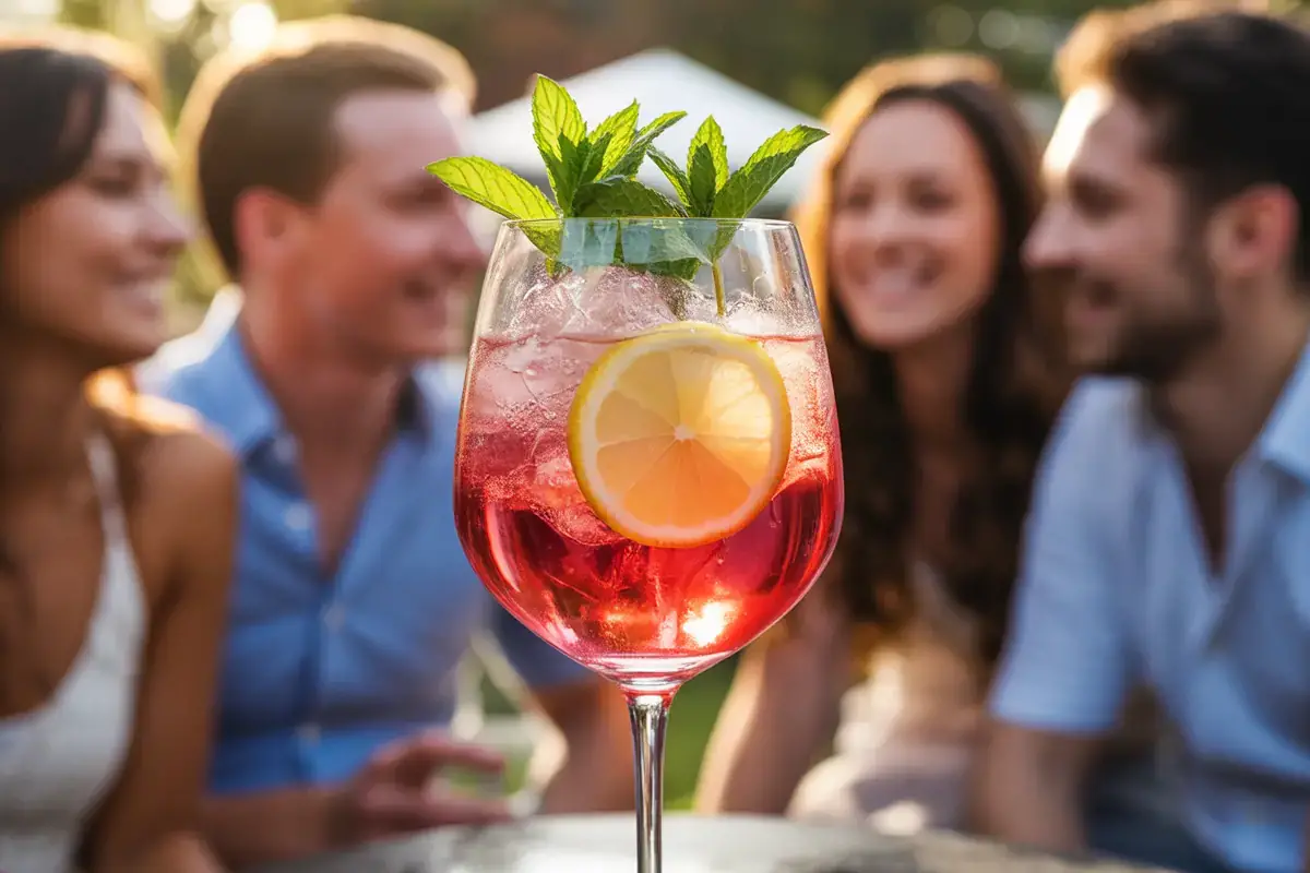 Un verre de cocktail rose avec une tranche de citron et de la menthe, devant un groupe de jeunes adultes souriants en arrière-plan.