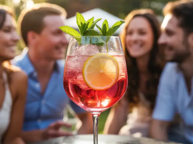 Un verre de cocktail rose avec une tranche de citron et de la menthe, devant un groupe de jeunes adultes souriants en arrière-plan.