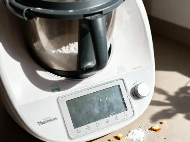 Thermomix avec farine dans le bol, écran tactile et miettes sur le plan de travail ensoleillé.