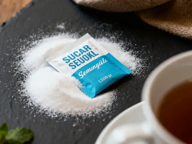 Sachet de sucre bleu sur du sucre, à côté d'une tasse de thé et d'une feuille de menthe.