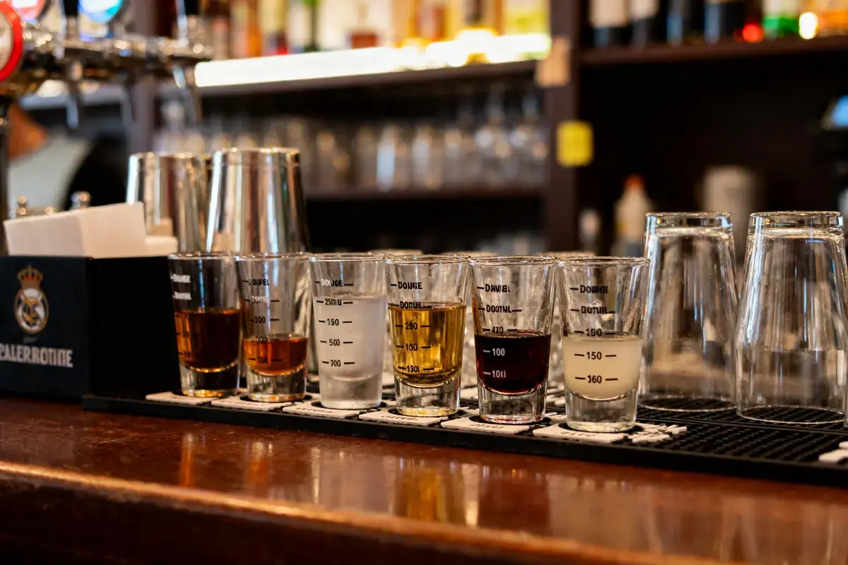 Six verres à mesurer remplis de différents alcools sur un comptoir de bar en bois.