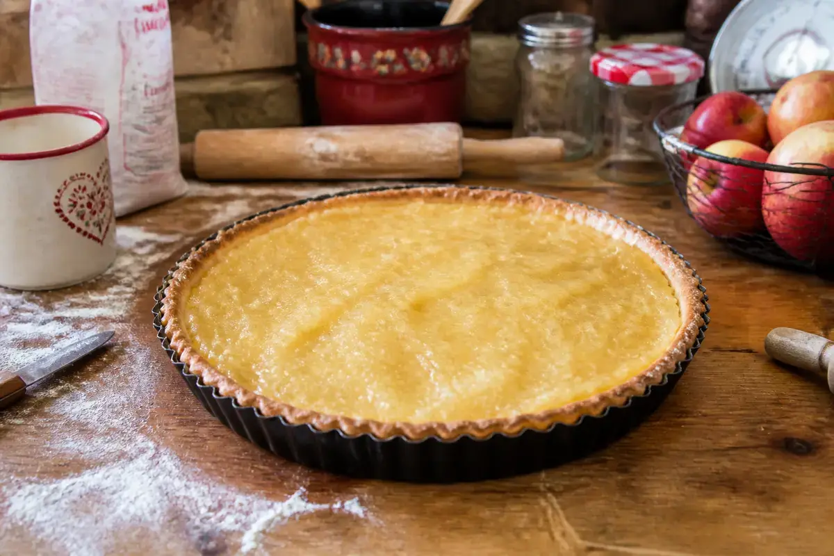 Tarte aux pommes faite maison sur table en bois, ustensiles de cuisine et pommes en arrière-plan.