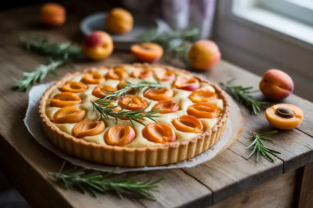 Tarte aux abricots ornée de brins de romarin, posée sur une table en bois avec des abricots frais autour.